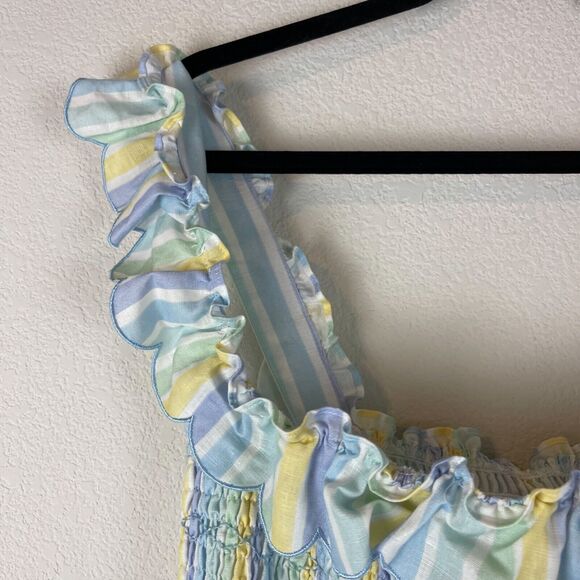 Dondolo Sam Linen Blend Dress Womens XXL Striped Smocked Ruffle Boho Peasant NEW - Picture 9 of 15